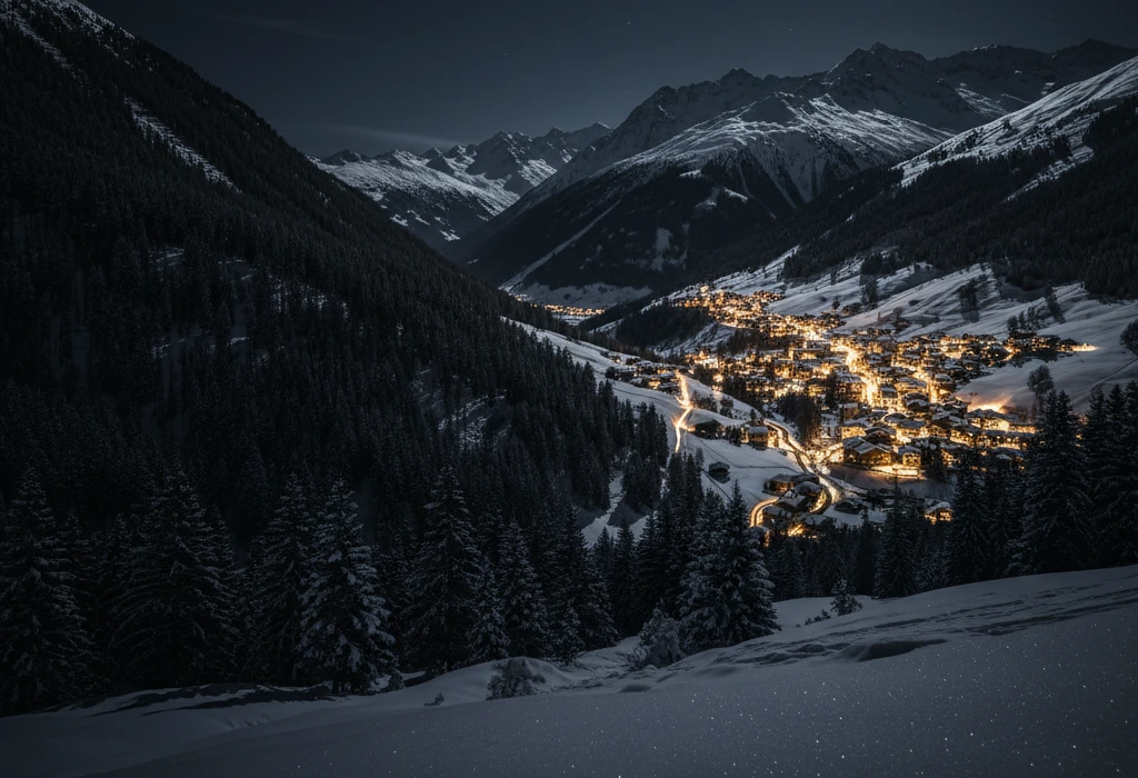 Station de ski des Alpes eclairee la nuit, vue depuis la vallee