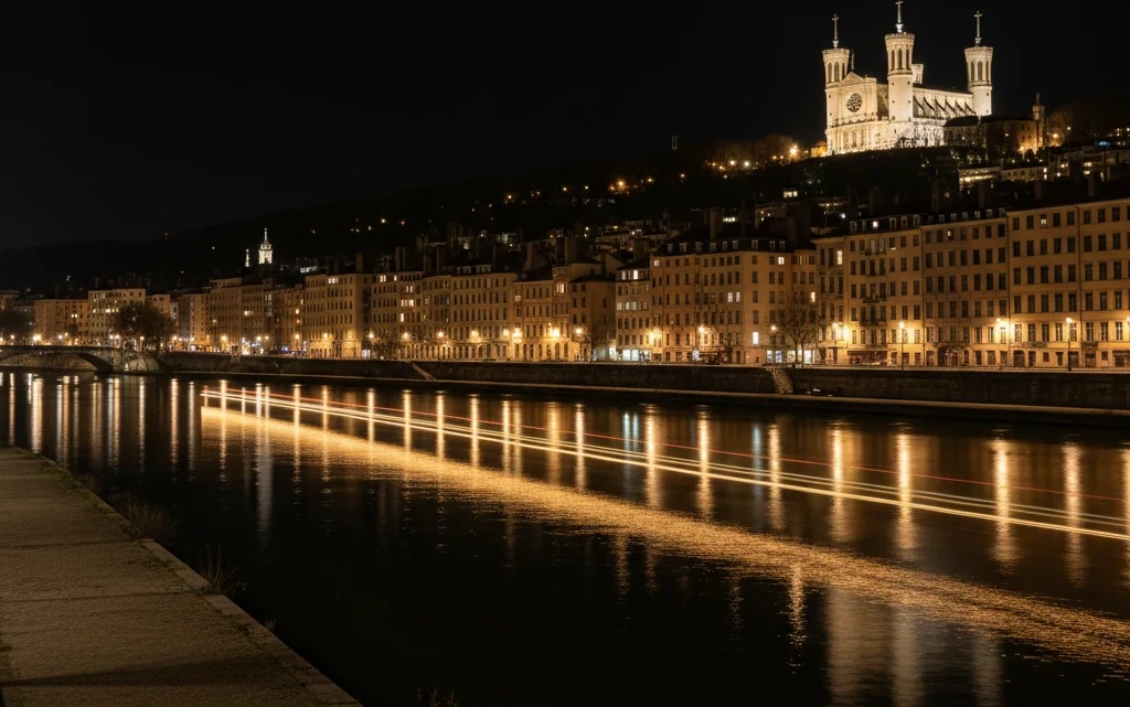Lyon de nuit depuis les quais de Saone, la basilique de Fourviere eclairee