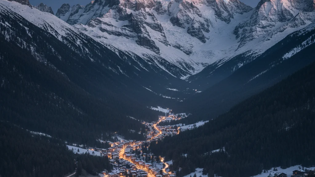 Ville de montagne au pied d’un massif glaciaire, aiguilles rocheuses au-dessus de la vallée