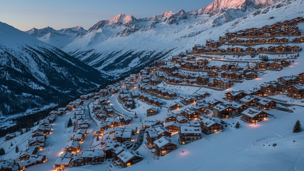 Station de ski étagée à flanc de montagne, chalets aux fenêtres éclairées dans la neige