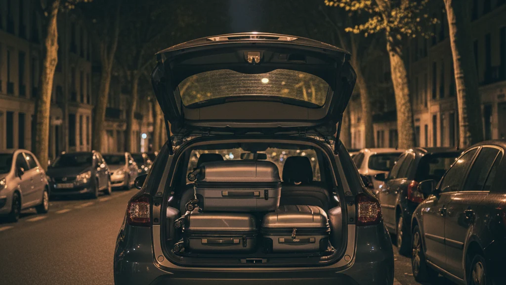 SUV compact sombre dans une rue résidentielle lyonnaise, coffre ouvert avec trois valises