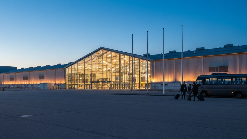 Grand parc des expositions éclairé à l’heure bleue, visiteurs rejoignant un minibus sur le parvis