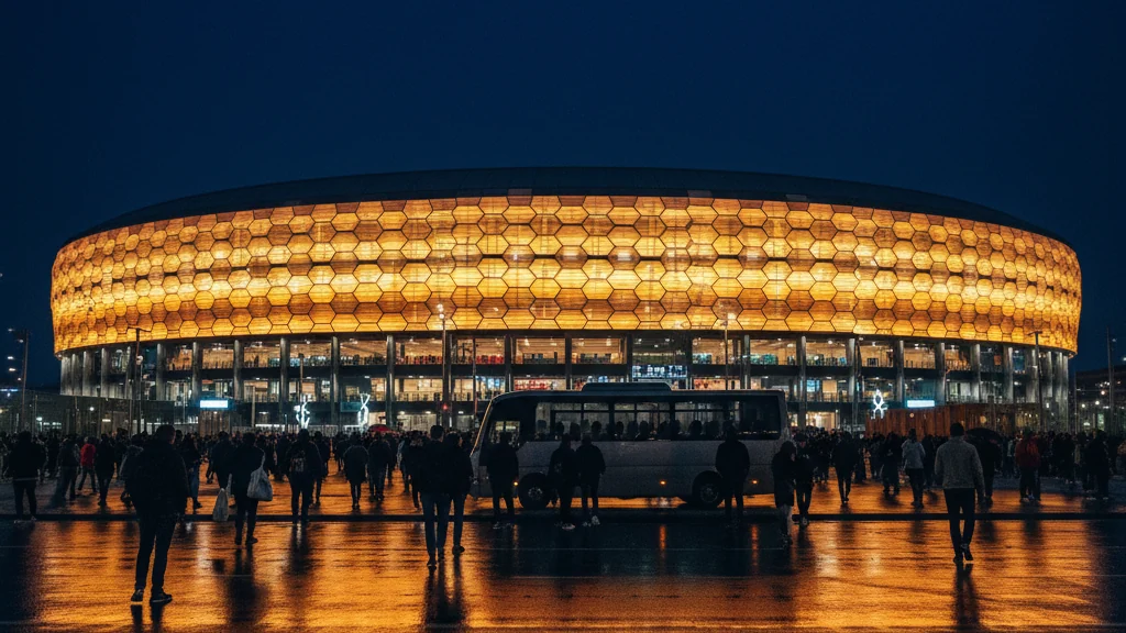 Stade illuminé la nuit, supporters quittant l’enceinte et minibus attendant au bord de la voie