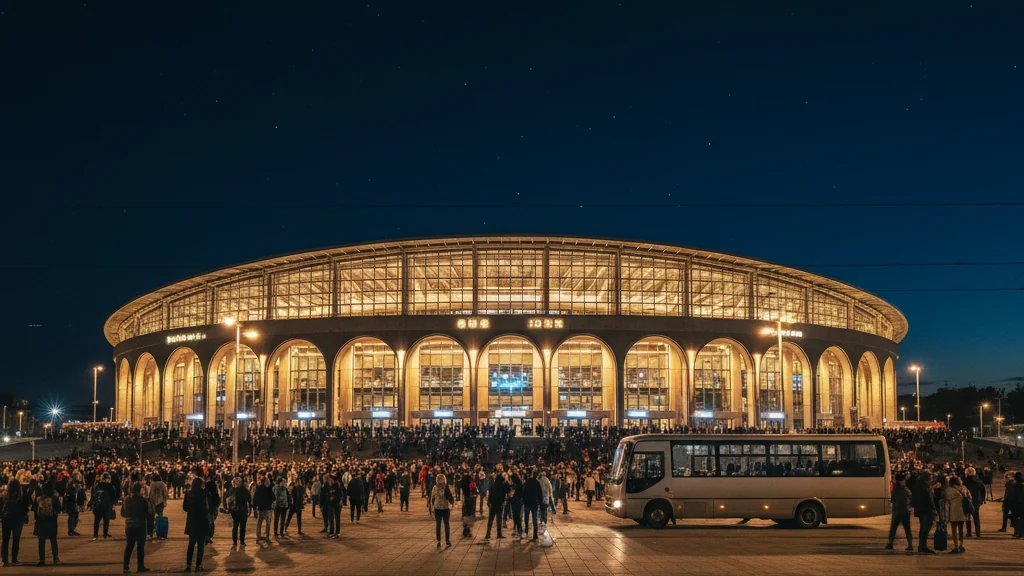 Salle de spectacle moderne illuminée la nuit, public sortant et minibus attendant sur le parvis