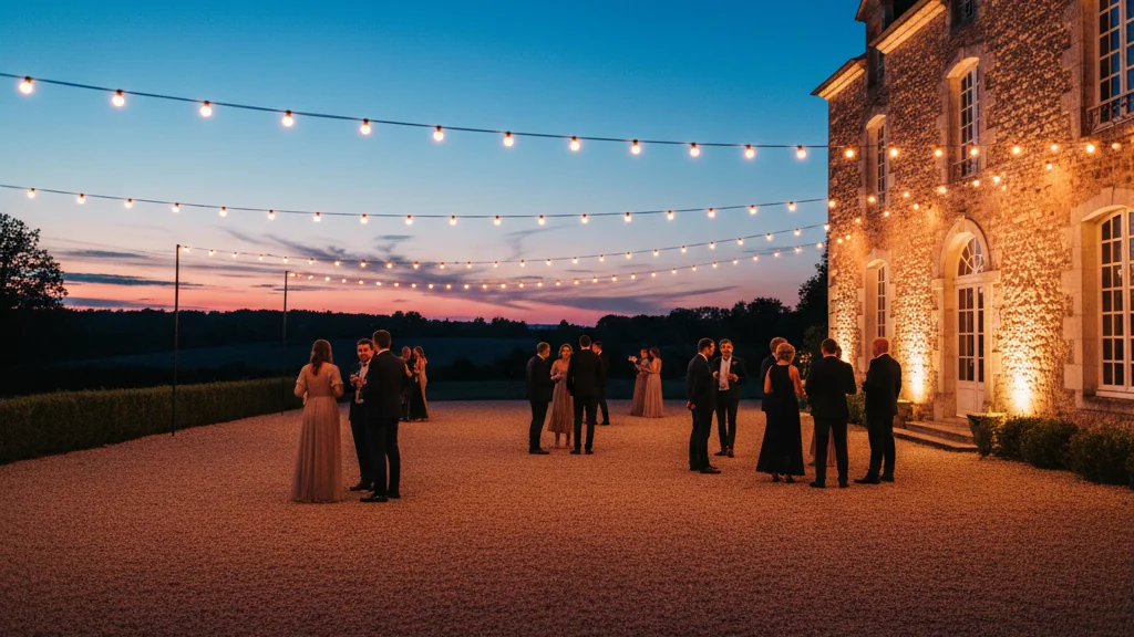 Cour gravillonnée d’un domaine de réception au crépuscule, guirlandes lumineuses au-dessus des invités en tenue de soirée