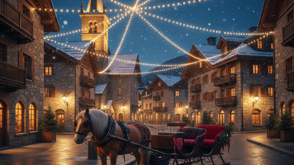 Place de village savoyard sous la neige la nuit, guirlandes lumineuses et traîneau à cheval