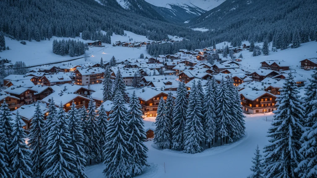 Village de chalets en bois au milieu d’une forêt d’épicéas enneigée