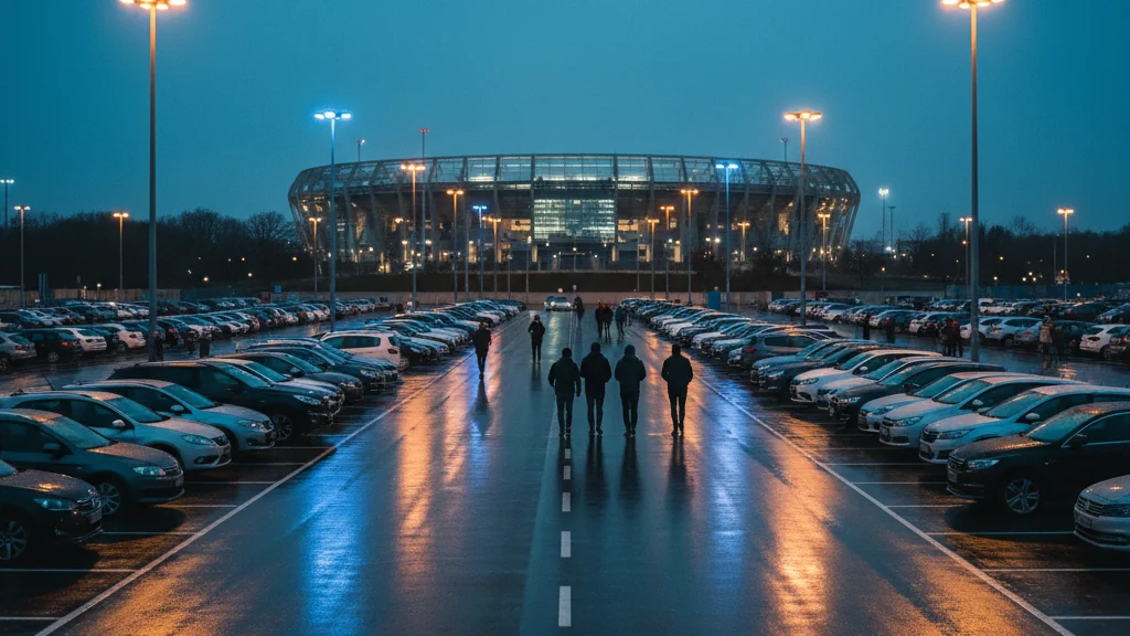 Parking extérieur d’une enceinte sportive à la tombée de la nuit, rangées de voitures sous les mâts d’éclairage et asphalte mouillé