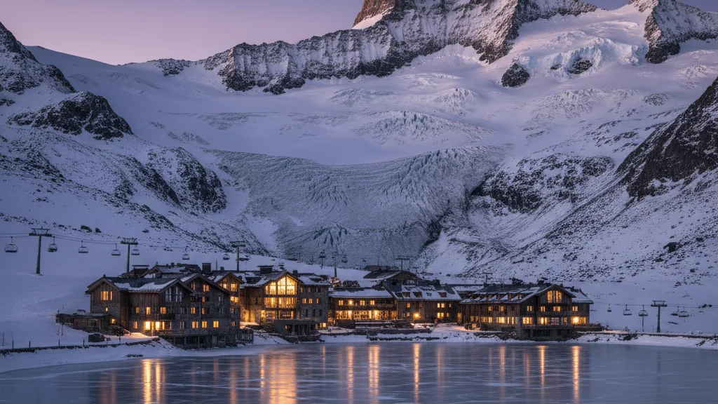 Station au bord d’un lac gelé, glacier et sommet rocheux dominant la vallée
