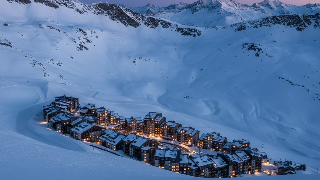 Station de haute altitude au-dessus de la limite des arbres, vastes pentes enneigées au crépuscule