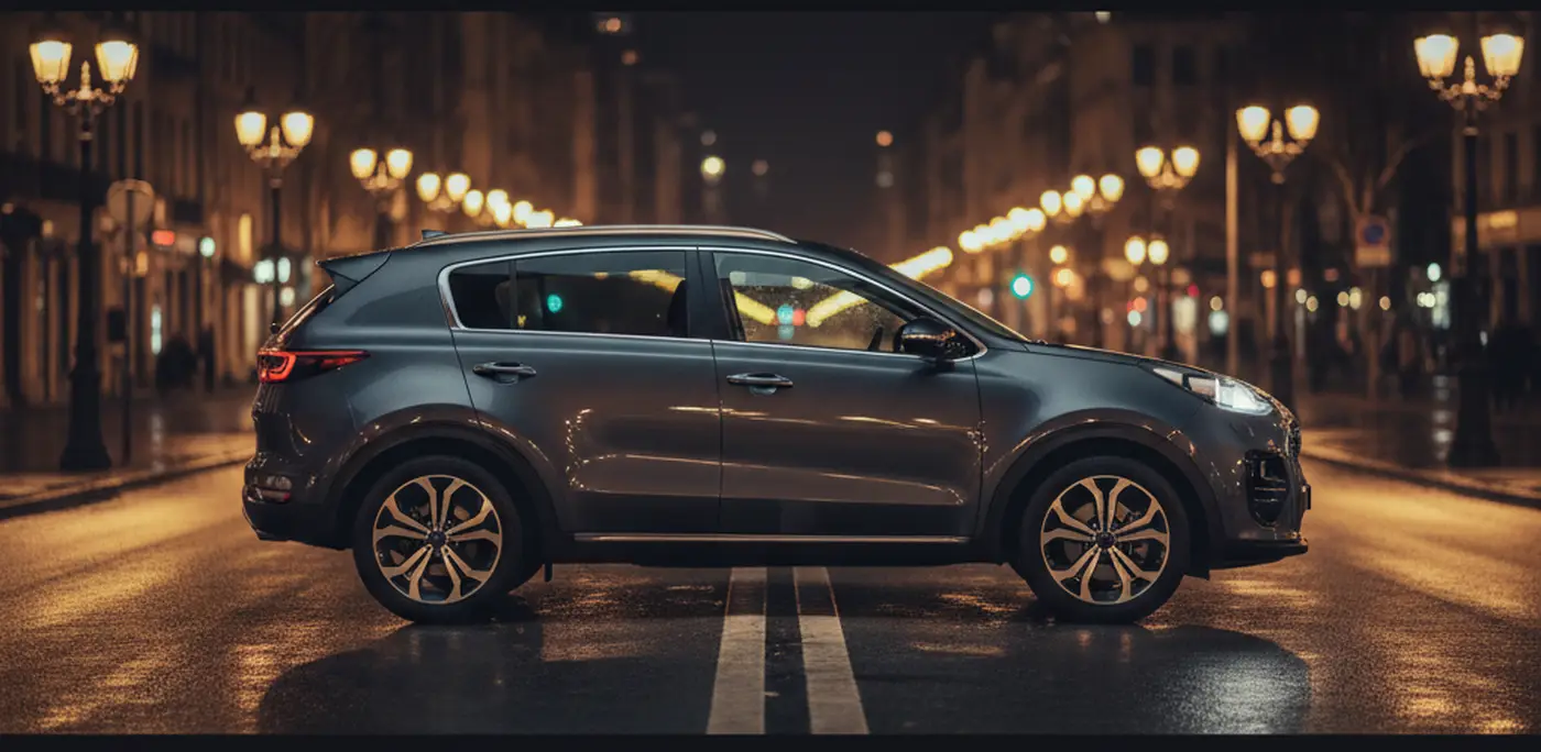 KIA Sportage gris foncé dans une avenue lyonnaise, de nuit
