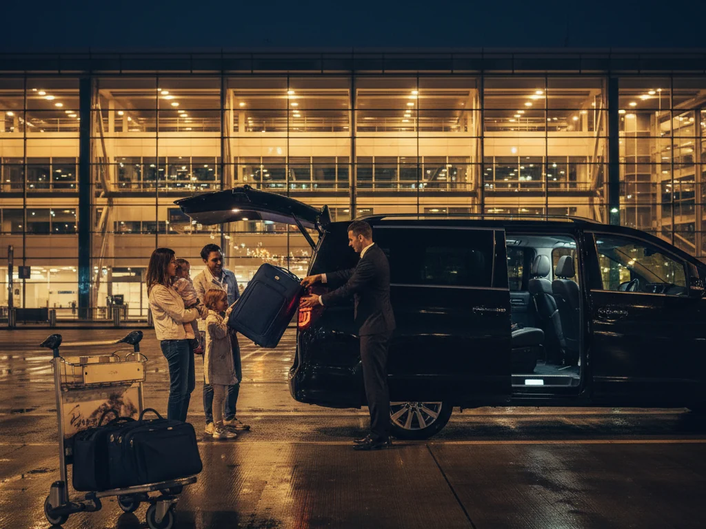 Chauffeur chargeant une valise dans un van noir devant un terminal d’aéroport