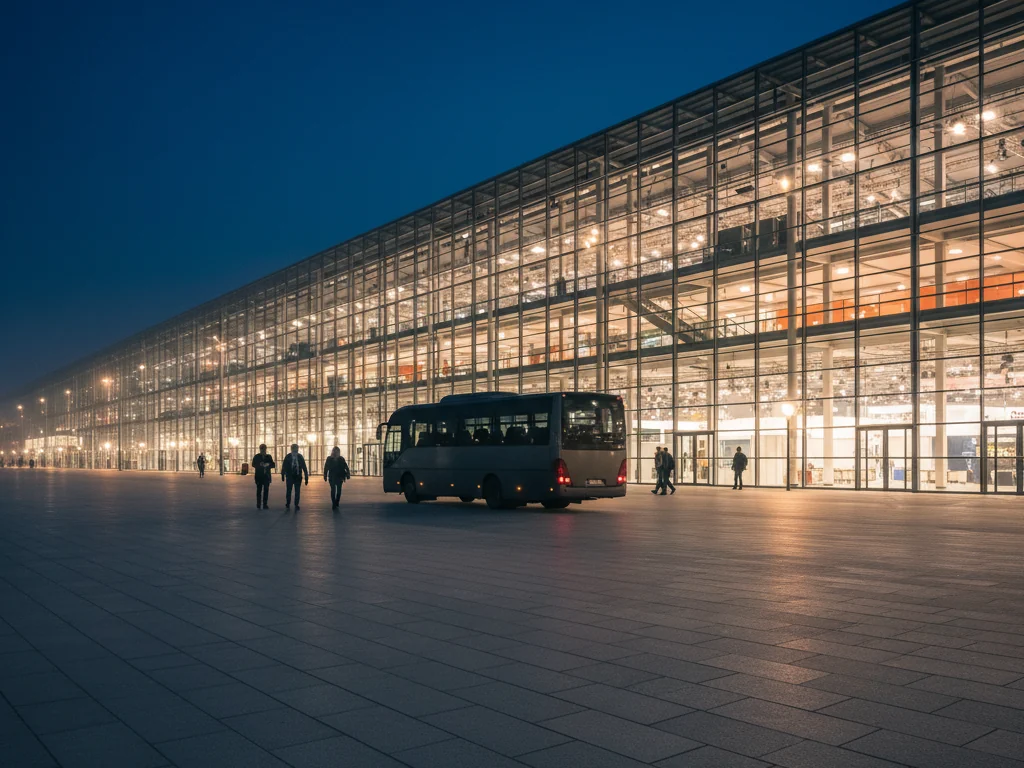 Minibus sur le parvis d’un grand hall d’exposition éclairé la nuit