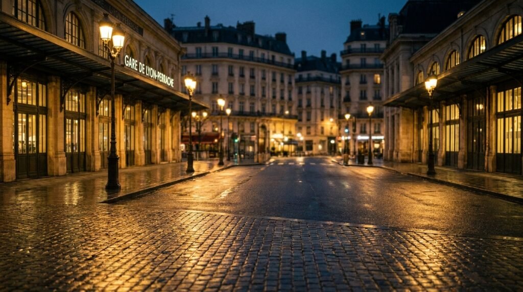 Quai de dépose devant une gare de Lyon illuminée à la tombée de la nuit, ambiance premium